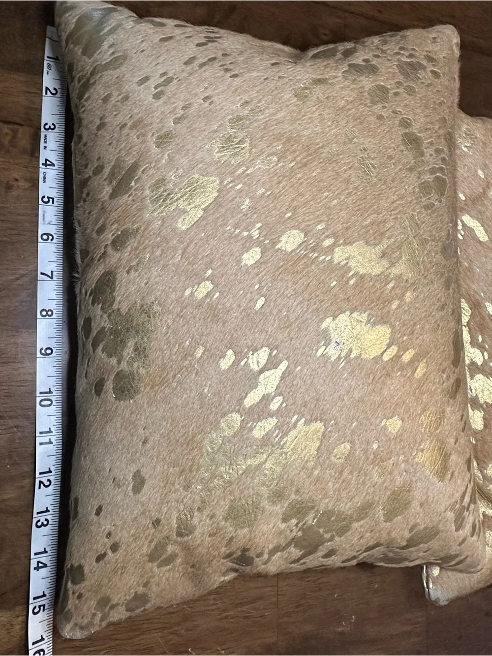 Williams Sonoma Tan and Gold Accent Throw Pillow 100 leather calf hair